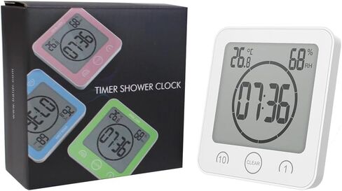 baldr LCD ساعة دش مؤقت مقاومة للماء، ساعة حمام، ساعة حائط تعمل بالبطارية، ساعة مثبتة على الحائط، ساعة LCD مع الوقت ودرجة الحرارة والرطوبة النسبية الداخلية (حزمة من 2، أسود وأبيض) in Kuwait