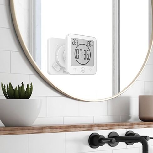 baldr LCD ساعة دش مؤقت مقاومة للماء، ساعة حمام، ساعة حائط تعمل بالبطارية، ساعة مثبتة على الحائط، ساعة LCD مع الوقت ودرجة الحرارة والرطوبة النسبية الداخلية (حزمة من 2، أسود وأبيض) in Kuwait