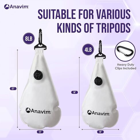 Anavim Water Weight Bag - 8lb & 4lb Portable Water Anchor Bags For Indoor & Outdoor Film Photography - Reduces Camera Tripod Stand Shake - Heavy Duty Hook Clips, Universal Installation - White, 2-Pack in Kuwait