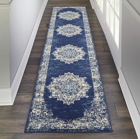 Nourison Grafix أزرق داكن تقليدي مقاس 2'3" × 10' - سجادة، سهلة التنظيف، لا تساقط، غرفة النوم، غرفة المعيشة، غرفة الطعام، المطبخ (2x10) in Kuwait