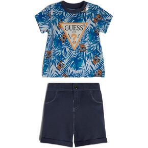 GUESS baby-boys Organic Cotton Jersey All Over Print Logo T Shirt and French Terry Short 2 Piece Set in Saudi Arabia