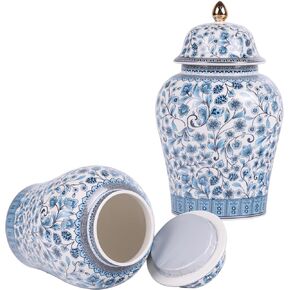 Chinoiserie Premium Elegance Series- Set of 2 Blue and White Porcelain Ginger Jars, Traditional Chinese Decorative Storage with Lids (Floral Set)