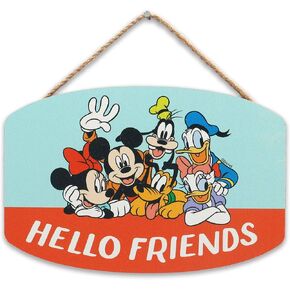 Open Road Brands Disney Mickey Mouse Hello Friends Hanging Wood Wall Decor - Fun Mickey Mouse Sign for Kids' Bedroom or Play Room