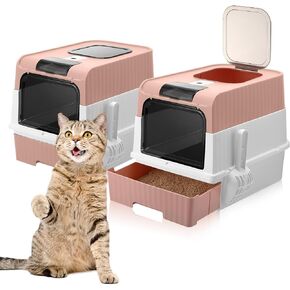 Mumufy 2 Pack Large Foldable Cat Litter Box with Lid Front Entry Top Exit Kitten Litter Pan Enclosed Plastic Pet Potty with Scoop Anti Splash Cat Toilet Drawer Cat Litter Tray Easy Clean Odor Control in Saudi Arabia