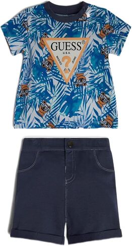 GUESS baby-boys Organic Cotton Jersey All Over Print Logo T Shirt and French Terry Short 2 Piece Set Playwear Set in Saudi Arabia