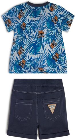 GUESS baby-boys Organic Cotton Jersey All Over Print Logo T Shirt and French Terry Short 2 Piece Set Playwear Set in Saudi Arabia