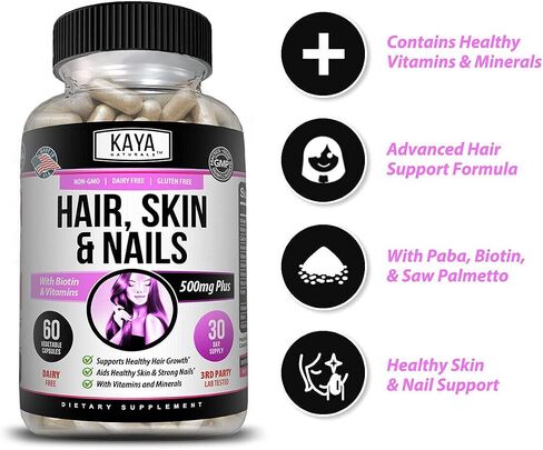 Kaya Naturals Hair Skin Nail Capsules BIOTIN Vitamin D Vitamin B-12 A Folic Acid Support, Hair Support Vitamin Supplement in Saudi Arabia