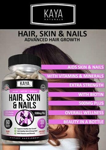 Kaya Naturals Hair Skin Nail Capsules BIOTIN Vitamin D Vitamin B-12 A Folic Acid Support, Hair Support Vitamin Supplement in Saudi Arabia