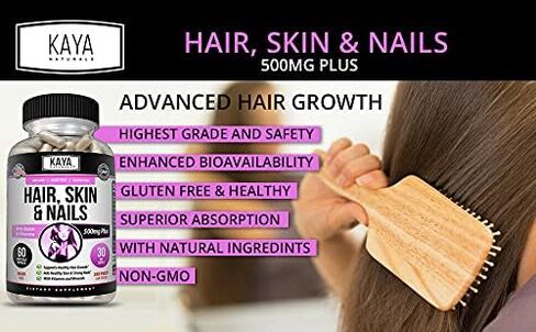 Kaya Naturals Hair Skin Nail Capsules BIOTIN Vitamin D Vitamin B-12 A Folic Acid Support, Hair Support Vitamin Supplement in Saudi Arabia