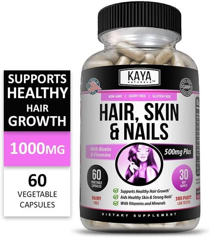 Kaya Naturals Hair Skin Nail Capsules BIOTIN Vitamin D Vitamin B-12 A Folic Acid Support, Hair Support Vitamin Supplement in Saudi Arabia