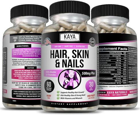 Kaya Naturals Hair Skin Nail Capsules BIOTIN Vitamin D Vitamin B-12 A Folic Acid Support, Hair Support Vitamin Supplement in Saudi Arabia