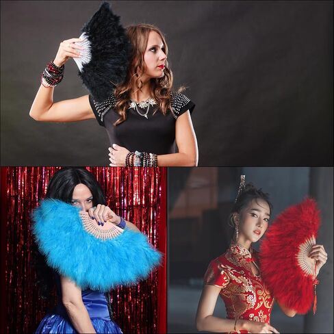 MECCANIXITY Feather Hand Fan,Black Vintage Folding Fan Feather Fan Handheld for Halloween Party Wedding Dancing Decoration in Saudi Arabia