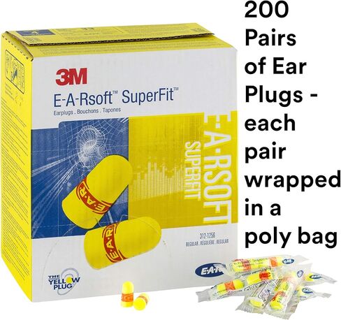 3M Ear Plugs, 200 Pairs/Box, E-A-Rsoft SuperFit 312-1256, Uncorded, Disposable, Foam, NRR 33, Drilling, Grinding, Machining, Sawing, Sanding, Welding, 1 Pair/Poly Bag,Yellow in Saudi Arabia