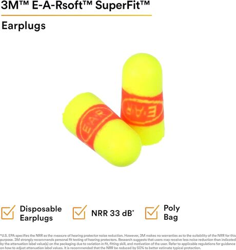 3M Ear Plugs, 200 Pairs/Box, E-A-Rsoft SuperFit 312-1256, Uncorded, Disposable, Foam, NRR 33, Drilling, Grinding, Machining, Sawing, Sanding, Welding, 1 Pair/Poly Bag,Yellow in Saudi Arabia