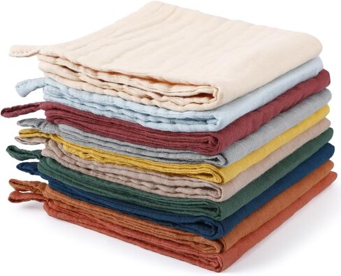 SmoothNovelty 10 Pcs Unisex Muslin Burp Cloths Cotton Baby Wash Cloth Face Absorbent Baby Towels for Newborn Bath Muslin Washcloths Baby Burping Diapers for Infants Kids Girls Boys, 10 Colors in Kuwait
