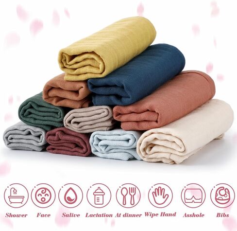 SmoothNovelty 10 Pcs Unisex Muslin Burp Cloths Cotton Baby Wash Cloth Face Absorbent Baby Towels for Newborn Bath Muslin Washcloths Baby Burping Diapers for Infants Kids Girls Boys, 10 Colors in Kuwait