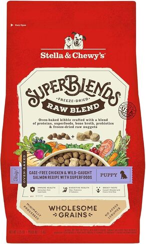 Stella & Chewy's SuperBlends مزيج خام من الحبوب الصحية للجراء بدون قفص الدجاج والسلمون البري وصفة مع الأطعمة الفائقة، 3.25 رطل. حقيبة in Saudi Arabia