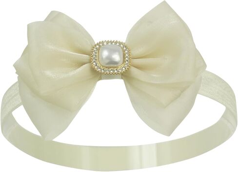 عصابة رأس على شكل فيونكة مزينة بحجر الراين الذهبي من Nihao Baby للفتيات الصغيرات (عمر 6 أشهر إلى سنتين، عصابة رأس عاجية - 4) in Kuwait