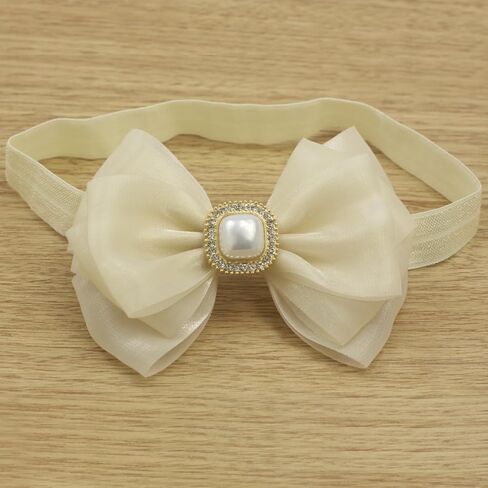 عصابة رأس على شكل فيونكة مزينة بحجر الراين الذهبي من Nihao Baby للفتيات الصغيرات (عمر 6 أشهر إلى سنتين، عصابة رأس عاجية - 4) in Kuwait