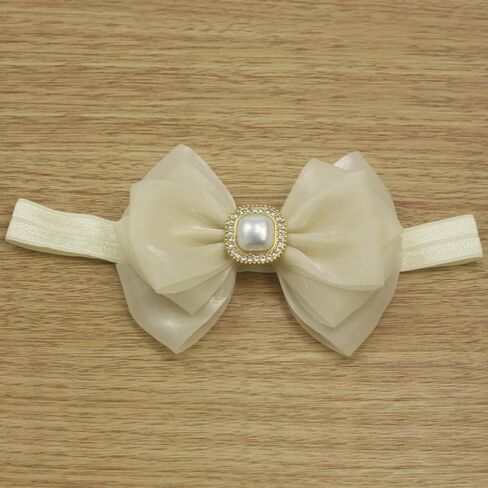 عصابة رأس على شكل فيونكة مزينة بحجر الراين الذهبي من Nihao Baby للفتيات الصغيرات (عمر 6 أشهر إلى سنتين، عصابة رأس عاجية - 4) in Kuwait