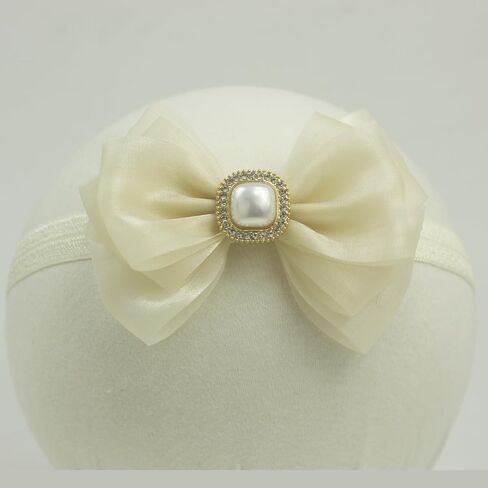 عصابة رأس على شكل فيونكة مزينة بحجر الراين الذهبي من Nihao Baby للفتيات الصغيرات (عمر 6 أشهر إلى سنتين، عصابة رأس عاجية - 4) in Kuwait