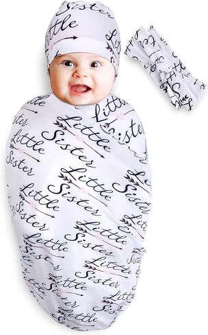 بطانيات استقبال حديثي الولادة فائقة النعومة، مجموعة بطانية قماط للفتيات الصغيرات مع قبعة عصابة رأس، هدية استحمام للأطفال حديثي الولادة في المستشفى، 0-3 أشهر، أخت صغيرة in Kuwait