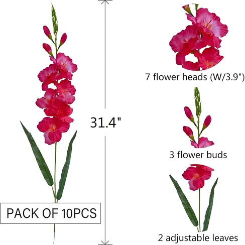 kimbovillea Pack of 10 - Artificial Gladiolus Silk Orchids Flower Stems Fake Dendrobium Flowers Daffodils for Home Garden Party Wedding Decoration (Fuchsia) in Kuwait