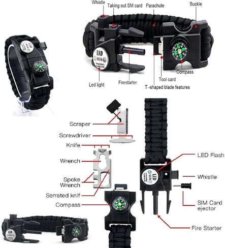 Galaxy 21 in 1 Survival Bracelet, Paracord Emergency Outdoor Sports Wristband Kit Waterproof Compass, LED Light, Thermometer, Rescue Whistle, Fire Starter. 21 Tools 5 Sets Black in Saudi Arabia