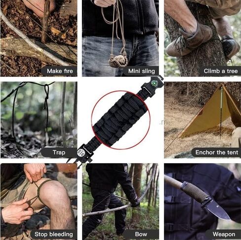 Galaxy 21 in 1 Survival Bracelet, Paracord Emergency Outdoor Sports Wristband Kit Waterproof Compass, LED Light, Thermometer, Rescue Whistle, Fire Starter. 21 Tools 5 Sets Black in Saudi Arabia