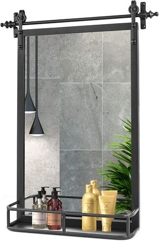 مرآة حائط بإطار حديدي من Fobule Farmhouse مع رف - ارتفاع 91.44 سم × عرض 60.96 سم، مرايا حمام كبيرة للجدار، مستطيلة باللون الأسود in Kuwait