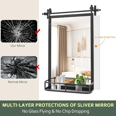 مرآة حائط بإطار حديدي من Fobule Farmhouse مع رف - ارتفاع 91.44 سم × عرض 60.96 سم، مرايا حمام كبيرة للجدار، مستطيلة باللون الأسود in Kuwait