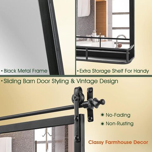 مرآة حائط بإطار حديدي من Fobule Farmhouse مع رف - ارتفاع 91.44 سم × عرض 60.96 سم، مرايا حمام كبيرة للجدار، مستطيلة باللون الأسود in Kuwait