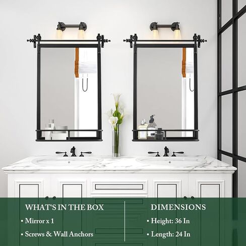 مرآة حائط بإطار حديدي من Fobule Farmhouse مع رف - ارتفاع 91.44 سم × عرض 60.96 سم، مرايا حمام كبيرة للجدار، مستطيلة باللون الأسود in Kuwait