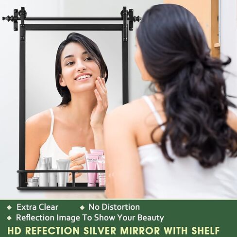 مرآة حائط بإطار حديدي من Fobule Farmhouse مع رف - ارتفاع 91.44 سم × عرض 60.96 سم، مرايا حمام كبيرة للجدار، مستطيلة باللون الأسود in Kuwait