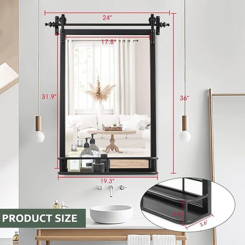 مرآة حائط بإطار حديدي من Fobule Farmhouse مع رف - ارتفاع 91.44 سم × عرض 60.96 سم، مرايا حمام كبيرة للجدار، مستطيلة باللون الأسود in Kuwait