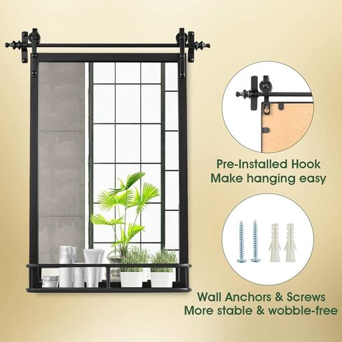 مرآة حائط بإطار حديدي من Fobule Farmhouse مع رف - ارتفاع 91.44 سم × عرض 60.96 سم، مرايا حمام كبيرة للجدار، مستطيلة باللون الأسود in Kuwait