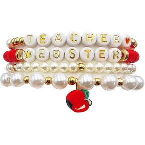 Beaded Teacher Bracelet Mixed Color Ploymer Clay Bracelets for Women Bohemian Handmade Beaded Teacher Appreciation Bracelet Love Teach Inspire Beaded Teacher Bracelets for Women Girls Gifts