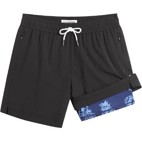 Turnshine Mens Swim Trunks with Compression Liner 5" Stretch Beach Shorts Quick Dry Bathing Suit Board Shorts Zipper Pockets
