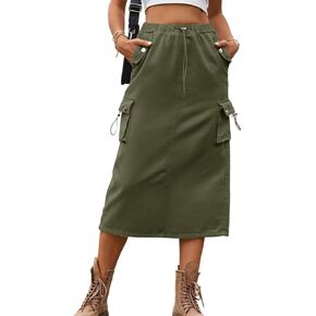 Dokotoo Women's Drawstring Waist Flap Pocket Cargo Skirt Back Slit Midi Skirt