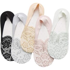 Women's No Show Socks, 5 Pack Lace Cotton Non Slip Flat Boat Invisible Low Cut Liners Sports Ankle Socks
