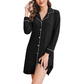 Ekouaer Women's Long Sleeve Button Down Nightgown V-Neck Ribbed Knit Sleepwear Boyfriend Nightshirt Pajama Dress
