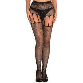 AROOMVE Sparkle Rhinestone Stockings Women Sexy Crystal Pantyhose Fishnet Tights