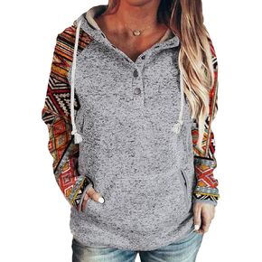 Half Hidden Womens Long Sleeve Button Collar Drawstring Printed Pullover Hoodies Sweatshirts with Pockets