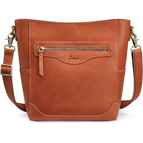 S-ZONE Women Genuine Leather Bucket Shoulder Bag Vintage Crossbody Purse with Outer Pocket