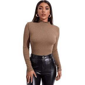 SweatyRocks Women's Casual High Neck Long Sleeve Ribbed Tee Slim Fit Stretch Striped Knit T Shirts