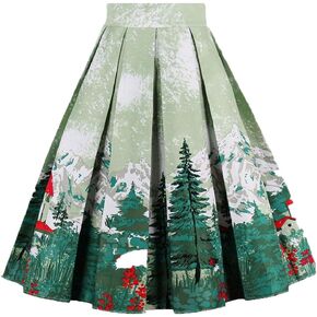 OBBUE Dresstore Vintage Pleated Skirt Floral A-line Printed Midi Skirts with Pockets