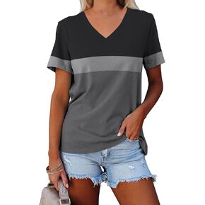 Minetom Women's Color Block/Solid Tops Short Sleeve V Neck T Shirts Summer Casual Tees