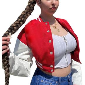 qfmqkpi Women Color block Crop Fleece Baseball Jacket Button Down Bomber Coats Sweatshirt