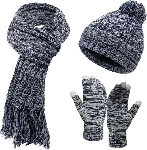 Winter Hat Scarfs & Gloves Set for Women Warm Knit Beanie Hat Long Neck Scarves Touchscreen Gloves Cold Weather Gear in Kuwait
