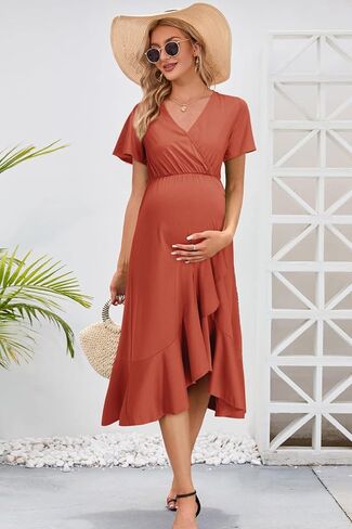 فستان حمل من LAISHEN لالتقاط الصور بأكمام قصيرة ورقبة على شكل حرف V وكشكشة كاجوال لحفلات استقبال المولود الجديد وحفلات الزفاف وملابس الحمل in Kuwait